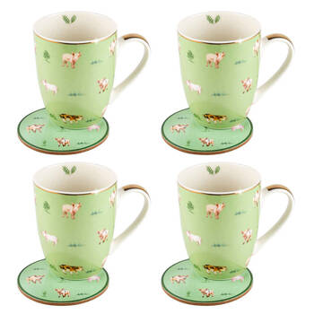 4PK LMD Pigs Farm Lane New Bone China Coffee Mug w/ Coaster 360ml - Green
