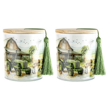 2PK LMD Country Life Glass Candle w/ Tassel/Lid Home Decor 300g - Green Truck
