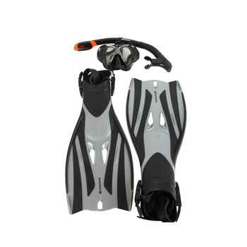 4pc Oz Ocean Rotto Adults Goggles Mask/Snorkel & Fin Set L-XL Grey/Black