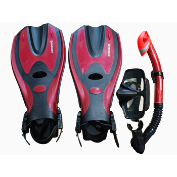 4pc Oz Ocean Abrolhos Adults Goggles Mask/Snorkel & Fin Set L-XL Red/Black