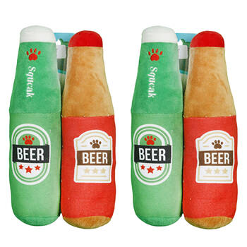 2x 2pc Pro Pet Care Beer Bottle Set Plush Dog Toy With Squeaker 24cm