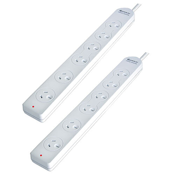 2PK Sansai 6-Way Overload Protected Powerboard - White