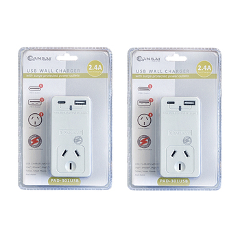 2x Sansai 2.4A USB Wall Socket Adaptor Charger w/USB-A/USB-C White