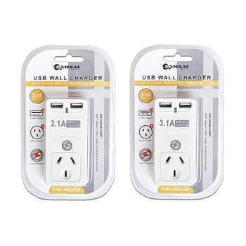 2x Sansai 3.1A USB Wall Socket Adaptor Charger w/USB-A White