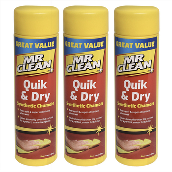 3PK Mr Clean Quik & Dry Synthetic Chamois Cloth 40 x 30cm
