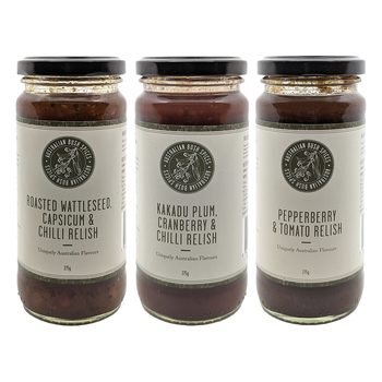 Australian Bush Spices Pepperberry, Wattleseed/Capsicum, Plum/Chilli Relish