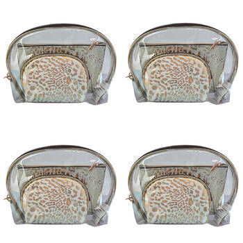 4x 3pc Frankie & Me Womens Zip Cosmetics Makeup Toiletry Bag Set White Leopard