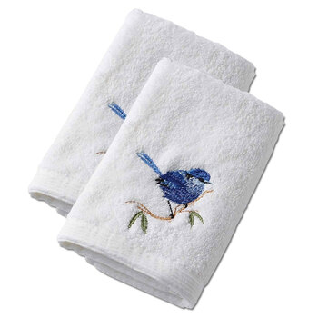 2x Pilbeam Living Blue Wren 32x32cm Cotton Face Washer - White