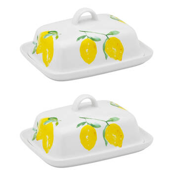 2PK Porto Porcelain Limone Kitchen Butter Storage Holder Dish Multi-Coloured