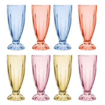 2x 4pc Porto Soda Lime Glass Milkshake Cups 340ml Citron, Ruby, Sky, Rose