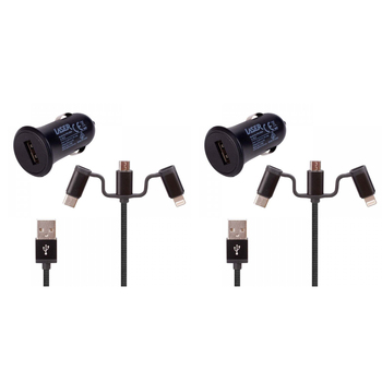 2PK Laser 2.4A USB Car Charger w/ 3in1 Charging Cable 50cm - Black