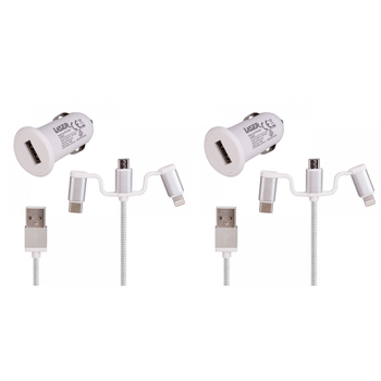 2PK Laser 2.4A USB Car Charger w/ 3in1 Charging Cable 50cm - White