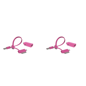 2PK Laser 2.4A USB Car Charger w/ 3in1 Cable Cord - Pink