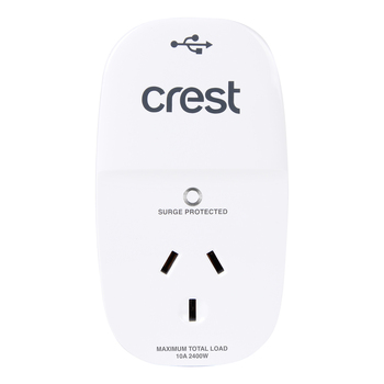 Crest Surge Protected 1-Socket Power Adaptor w/ 2x USB-A Ports - White