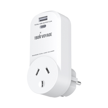 Bon Voyage AU to EU/ID/VN Travel Adapter Plug w/ 2 USB-A/USB-C Ports
