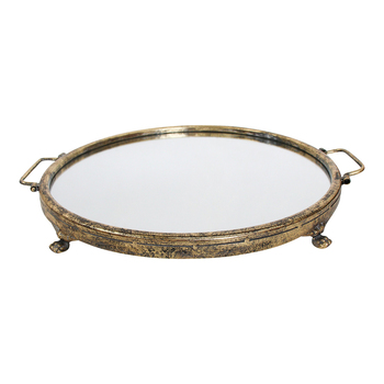 LVD Decorative Round 46cm Metal Mirror Tray w/ Handles - Gold