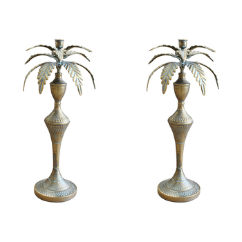 2PK LVD Metal 48.5cm Extra Large Palm Pillar/Stick Candle Holder - Brass