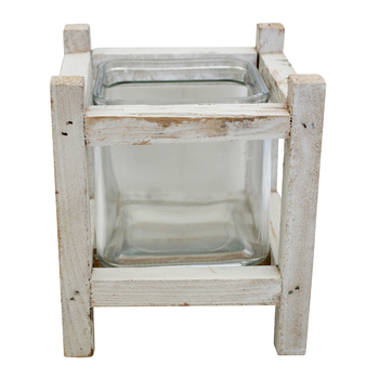 LVD Glass Wood Rustic 19cm Pillar Candle Holder Large - White