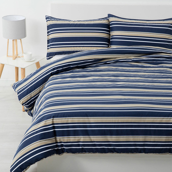 Jason Commercial King Bed Brighton Quilt Cover Set 240x210cm Midnight Blue/Oatmeal Stripe