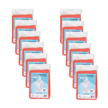 12PK Jemark Adult Disposable Waterproof Poncho Rain Cover 100x127cm Assorted