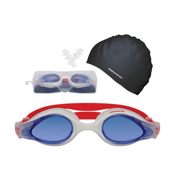 Mirage Unisex Adult Goggles/Swim Cap/Ear Plugs Swimming Pack Red
