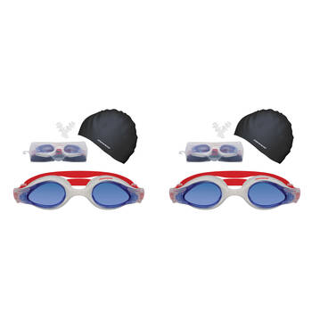 2PK Mirage Unisex Adult Goggles/Swim Cap/Ear Plugs Swimming Pack Red