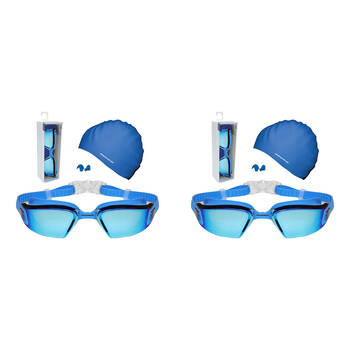2PK Mirage Lane Master Adult Performance Goggles/Swim Cap/Ear Plugs Pack Blue
