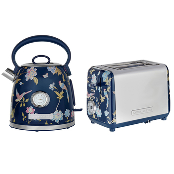Laura Ashley Elveden 1.7L Kettle & 2 Slice Toaster Blue & Silver Combo