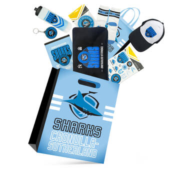 NRL Cronulla Sharks Showbag 24w/ Duffle Bag/Cap/Drink Bottle/Coasters