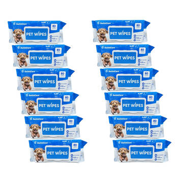 12x 80pc SwissCare Disposable Pet Cleaning Wipes 20x20cm Aloe Vera Scented