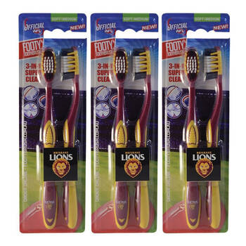 3x 2pc AFL Toothbrush Brisbane Lions Dental Oral Teeth Clean Care Soft/Medium