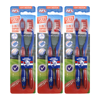 3x 2pc AFL Soft/Medium Toothbrush Oral Care Western Bulldogs Kids/Adults 6y+