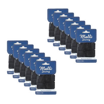 12PK Malli Sewing Soft Elastic Band Cord 25mm x 1.5M - Assorted