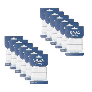 12PK Malli Sewing Soft Elastic Band Cord 30mm x 1M - Assorted