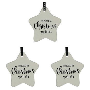 3PK LVD Ceramic Hanging 8x9cm Star Christmas Wish w/ Ribbon Ornament Decor