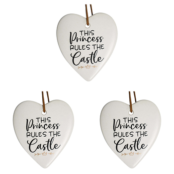 3PK LVD Ceramic Hanging 8x9cm Heart Princess Rules w/ Hanger Ornament Decor
