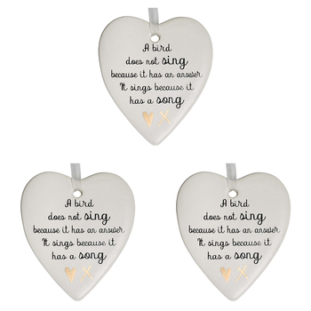 3PK LVD Ceramic Hanging 8x9cm Heart Bird Song w/ Hanger Ornament Decor