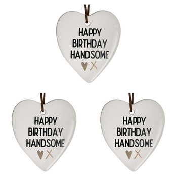 3PK LVD Ceramic Hanging 8x9cm Heart Handsome w/ Hanger Ornament Decor