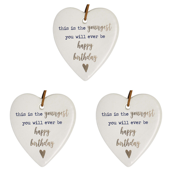 3PK LVD Ceramic Hanging 8x9cm Heart Youngest Birthday w/ Hanger Ornament Decor