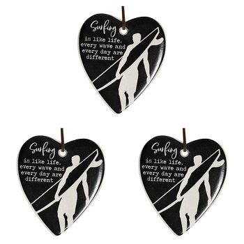 3PK LVD Ceramic Hanging 8x9cm Heart Surfing w/ Hanger Ornament Decor