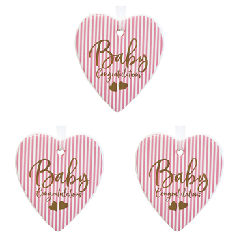 3PK LVD Ceramic Hanging 8x8cm Heart Baby Girl w/ Hanger Ornament Decor