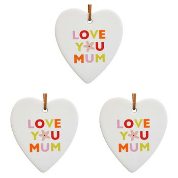 3PK LVD Ceramic Hanging 8x8cm Heart Love Mum w/ Hanger Ornament Decor