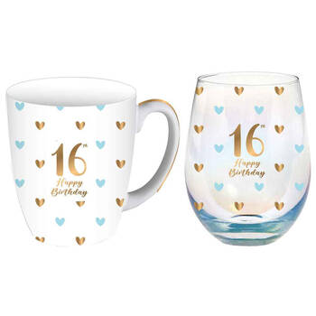 2pc LMD 16th Birthday Sweet Heart Mug & Stemless Wine Glass Set