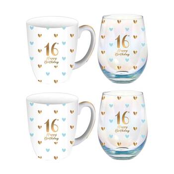 2x 2pc LMD 16th Birthday Sweet Heart Mug & Stemless Wine Glass Set