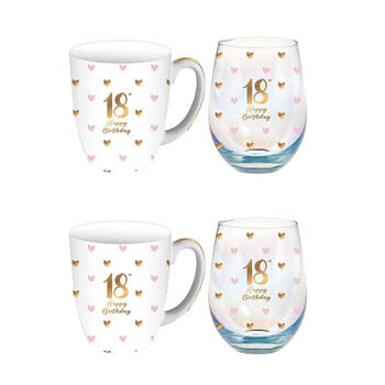 2PK LMD Glass 18th Sweet Heart Mug & Stemless Set 400ml