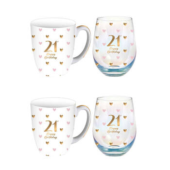 2PK LMD Glass 21st Sweet Heart Mug & Stemless Set 400ml