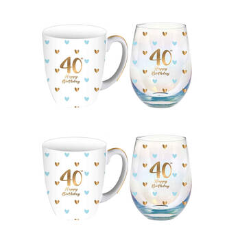 2PK LMD Glass 40th Sweet Heart Mug & Stemless Set 400ml