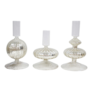 LVD 3pc Glass Sparkle 13/16cm Taper Stick Candle Holder Set - Silver