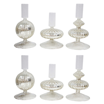 2x LVD 3pc Glass Sparkle 13/16cm Taper Stick Candle Holder Set - Silver