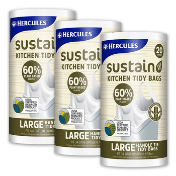 3x 20pc Hercules Sustain Plant Based Kitchen Tidy/Garbage/Bin Bags Large Handle Tie